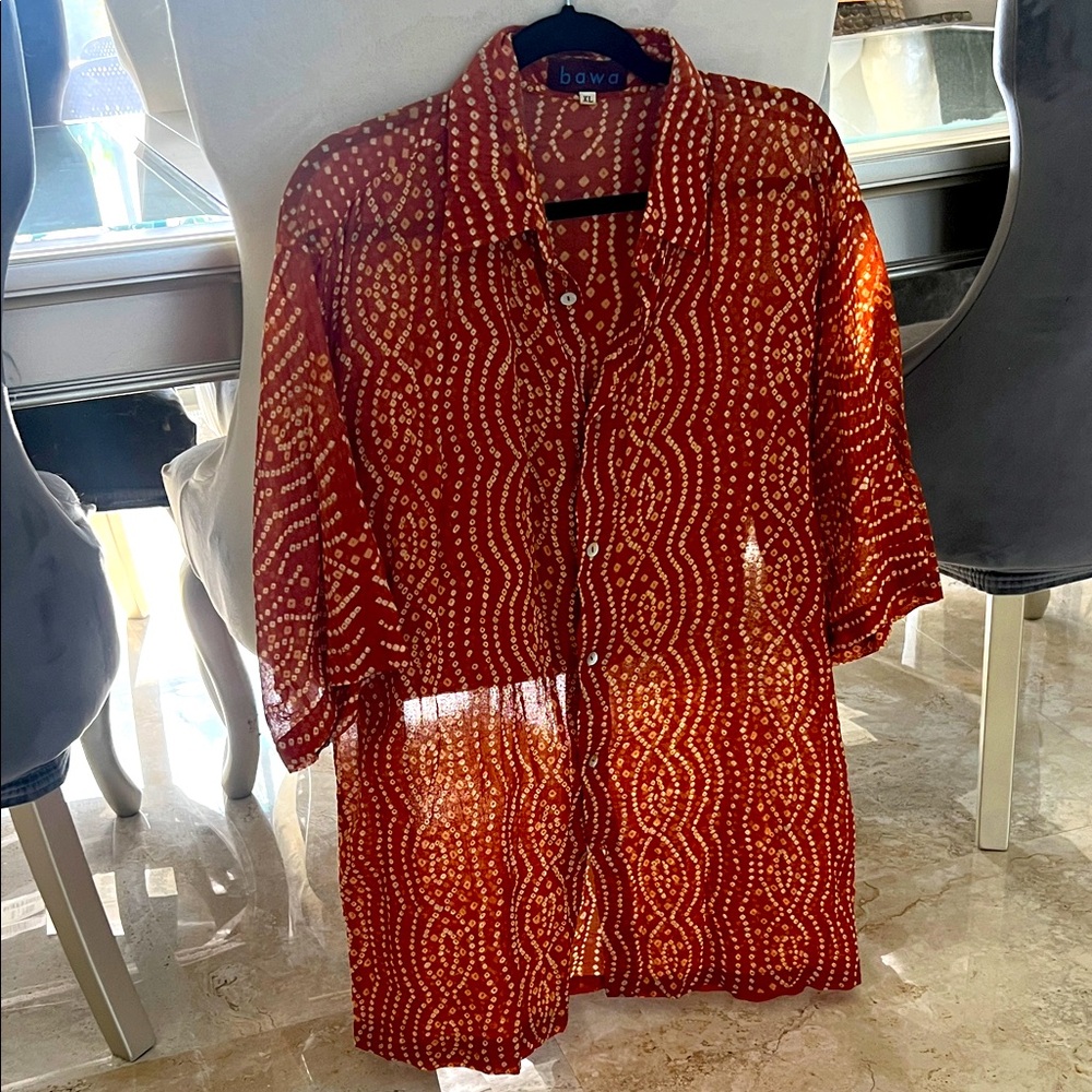 Orange & White Sheer Button-Up men’s Shirt by Alpana Bawa